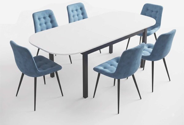 Set Masă Extensibilă Bucătărie / Dining Carla Albă 134–174 × 80 × 75 cm cu 6 Scaune Onix Turcoaz Deschis, Tapițate, Picioare Metalice Negre