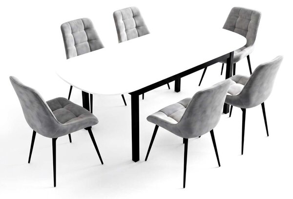 Set Masă Extensibilă Bucătărie / Dining Carla Albă 134–174 × 80 × 75 cm cu 6 Scaune Onix Gri Deschis, Tapițate, Picioare Metalice Negre
