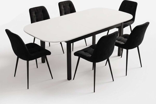 Set Masă Extensibilă Bucătărie / Dining Carla Albă 134–174 × 80 × 75 cm cu 6 Scaune Onix Negru, Tapițate, Picioare Metalice Negre
