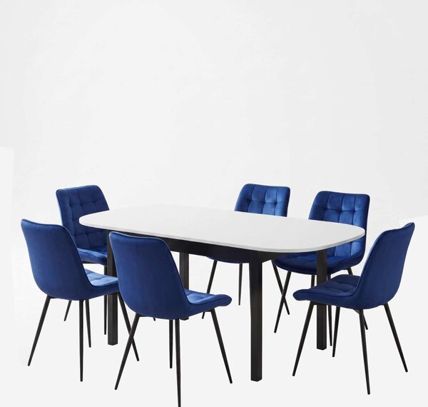 Set Masă Extensibilă Bucătărie / Dining Carla Albă 134–174 × 80 × 75 cm cu 6 Scaune Onix Albastru, Tapițate, Picioare Metalice Negre