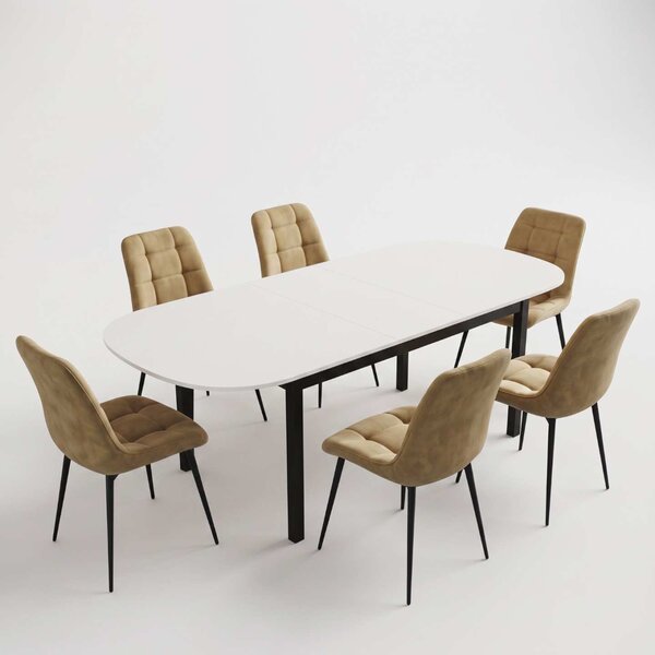 Set Masă Extensibilă Bucătărie / Dining Carla Albă 134–174 × 80 × 75 cm cu 6 Scaune Onix Bej, Tapițate, Picioare Metalice Negre