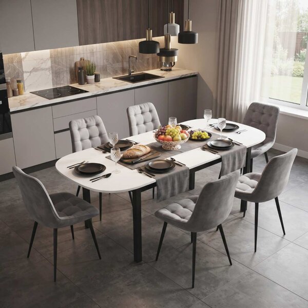 Set Masă Extensibilă Bucătărie / Dining Carla Albă 134–174 × 80 × 75 cm cu 6 Scaune Onix Gri Deschis, Tapițate, Picioare Metalice Negre