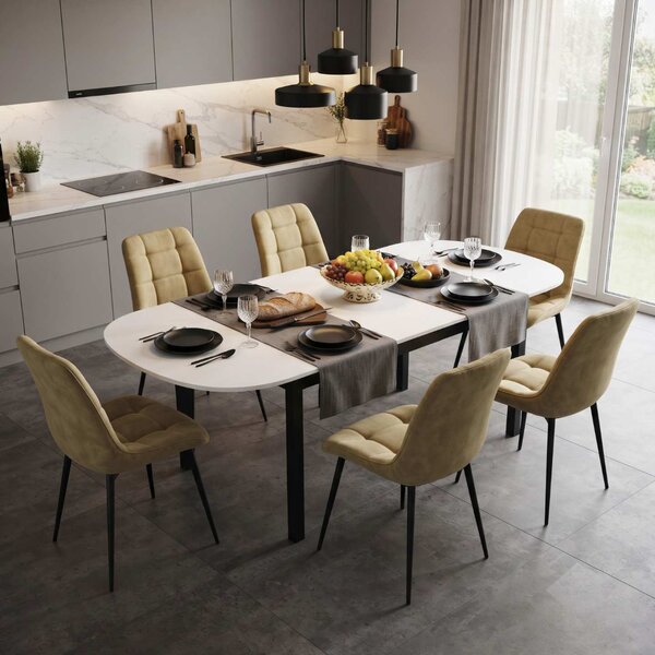 Set Masă Extensibilă Bucătărie / Dining Carla Albă 134–174 × 80 × 75 cm cu 6 Scaune Onix Bej, Tapițate, Picioare Metalice Negre