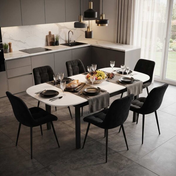 Set Masă Extensibilă Bucătărie / Dining Carla Albă 134–174 × 80 × 75 cm cu 6 Scaune Onix Negru, Tapițate, Picioare Metalice Negre