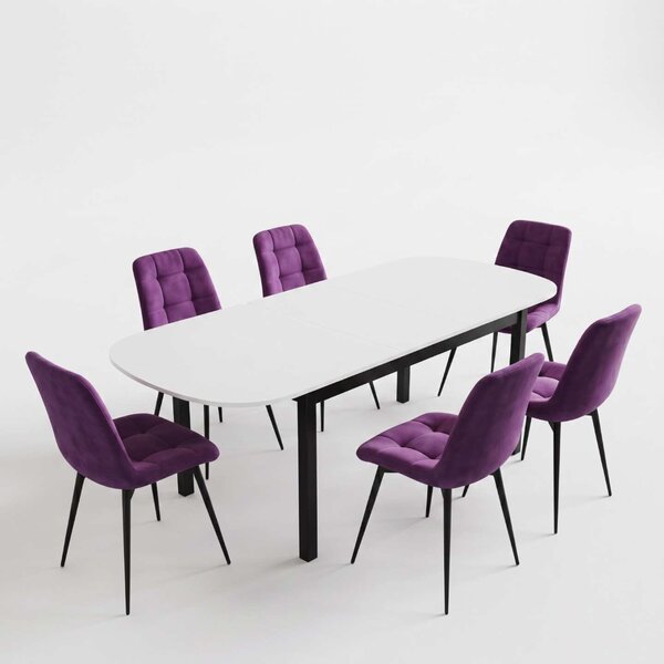 Set Masă Extensibilă Bucătărie / Dining Carla Albă 134–174 × 80 × 75 cm cu 6 Scaune Onix Mov, Tapițate, Picioare Metalice Negre