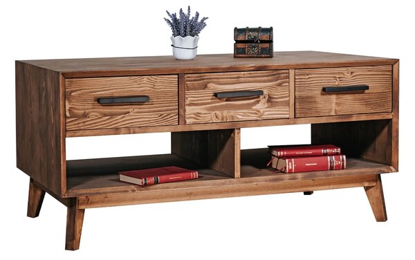 Masuță lemn masiv de cafea Timeless 3 Sertare 2 Nișe Whisky, 110 × 62 × 48 cm