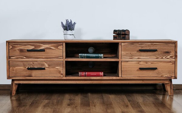 Comodă TV lemn masiv Timeless 4 Sertare 2 Nișe Whisky, 146 × 40 × 48 cm
