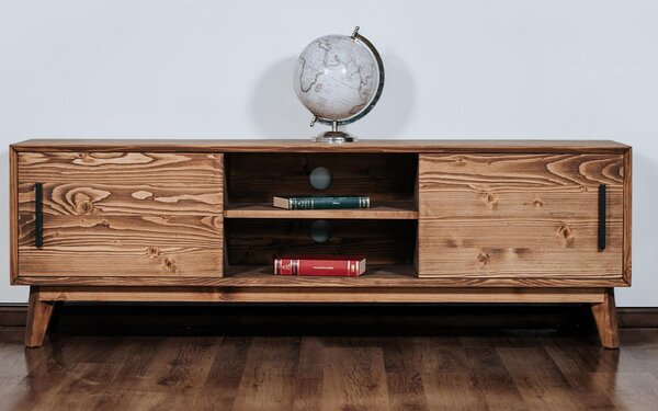 Comodă TV lemn masiv Timeless 2 Uși culisante 2 Nișe Whisky, 146 × 40 × 48 cm