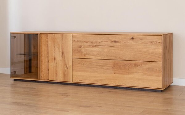 Comodă TV lemn masiv Aurora cu Vitrină Iluminată Stejar, 165 × 37 × 60 cm