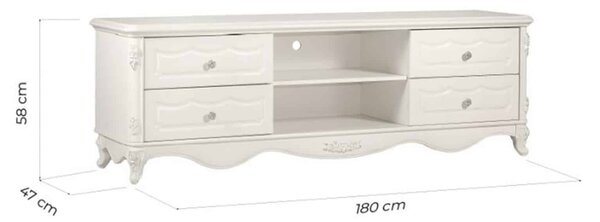 Comodă TV lemn masiv alb Paris, 180 × 47 × 58 cm