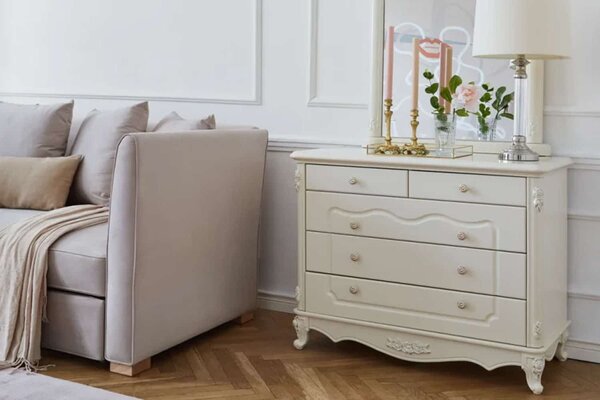 Comodă lemn masiv alb Paris 5 Sertare, 100 × 47 × 78 cm