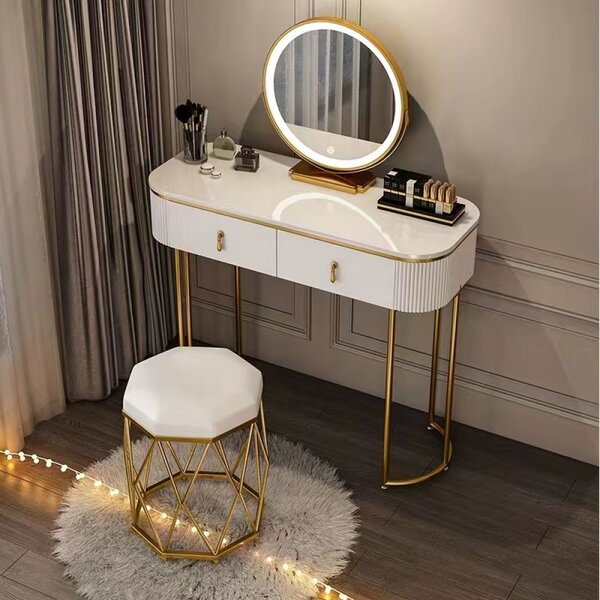 Set LISA, Masă de toaletă pentru machiaj cu oglindă iluminată LED, control touch, sertar, taburet tapitat, Alb, 100x40x75 cm