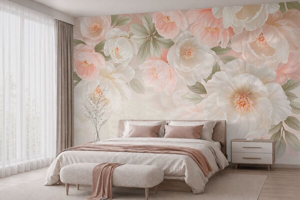 Tapet Flori mari și delicate, în nuanțe de roz și crem, Fototapet Flori, w05540 : Uwalls.ro