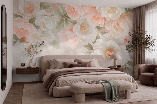Tapet Flori mari și delicate, în nuanțe de roz și crem, Fototapet Flori, w05540 : Uwalls.ro