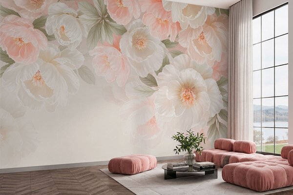 Tapet Flori mari și delicate, în nuanțe de roz și crem, Fototapet Flori, w05540 : Uwalls.ro