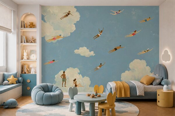 Tapet Oameni plutind printre nori pe un cer albastru, Imagini de fundal unice, w05628 : Uwalls.ro