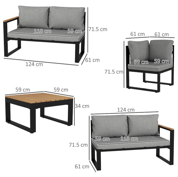 Outsunny Set de Mobilier pentru Grădină din 4 Piese cu 2 Canapele Duble, Colțar și Măsuță de Cafea, 124x61x71,5 cm, Gri | Aosom Romania