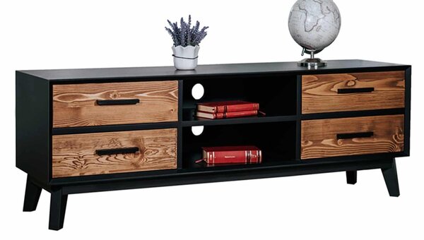 Comodă TV lemn masiv Timeless 4 Sertare 2 Nișe Negru, 146 × 40 × 48 cm