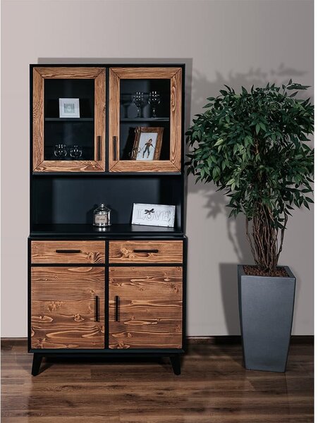 Bufet lemn masiv Timeless 2 Corpuri 2 Sertare 4 Uși 98x45/35x190 cm Negru