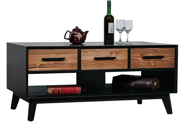 Măsuță lemn masiv de cafea Timeless 3 Sertare 2 Nișe Negru, 110 × 62 × 48 cm