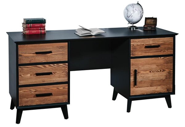 Birou lemn masiv Timeless 4 Sertare 1 Ușă Negru, 164 × 60 × 76 cm