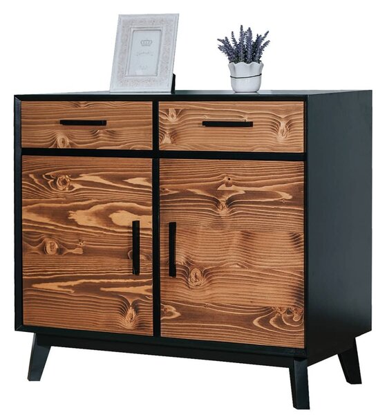 Bufet lemn masiv Timeless 2 Sertare 2 Uși Negru, 98 × 45 × 85 cm