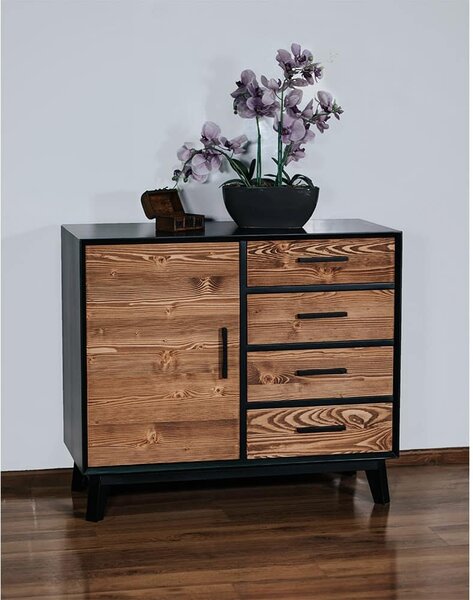 Comodă lemn masiv Timeless 4 Sertare 1 Ușă Negru, 98 × 45 × 85 cm