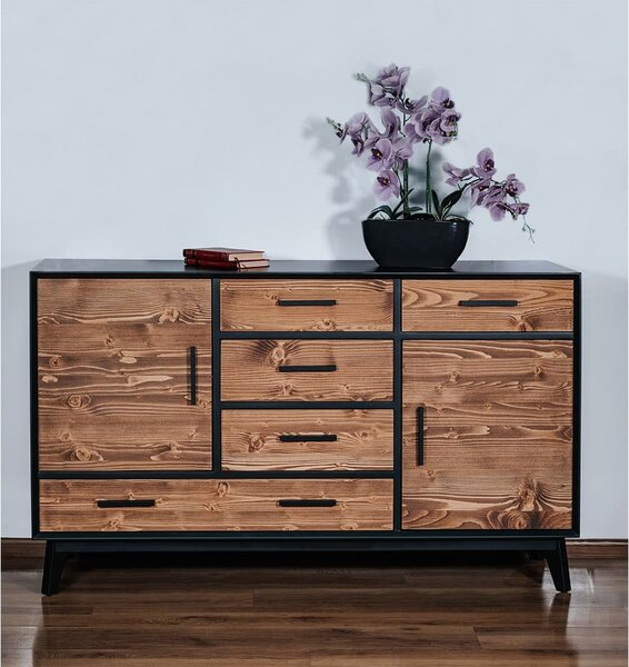 Comodă lemn masiv Timeless 5 Sertare 2 Uși Negru, 146 × 45 × 85 cm