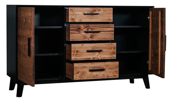 Comodă lemn masiv Timeless 4 Sertare 2 Uși Negru, 146 × 45 × 85 cm