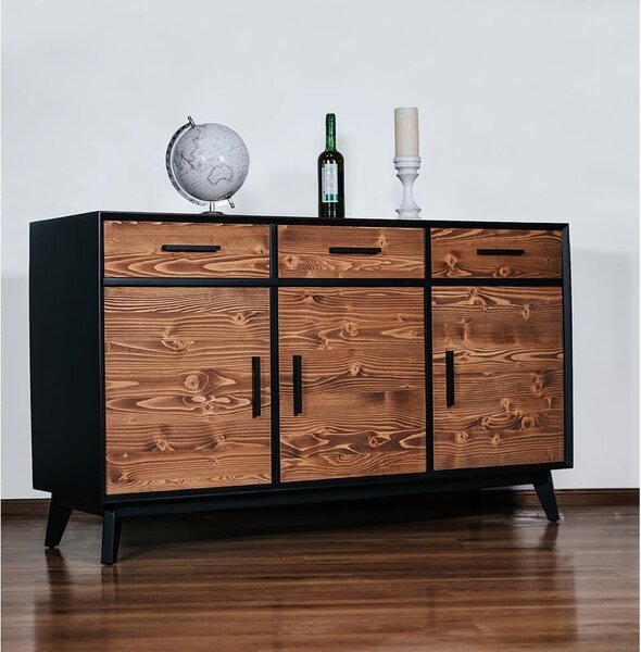Comodă lemn masiv Timeless 3 Sertare 3 Uși Negru, 146 × 45 × 85 cm