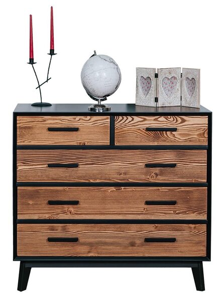 Comodă lemn masiv Timeless 3+2 Sertare Negru, 98 × 45 × 85 cm
