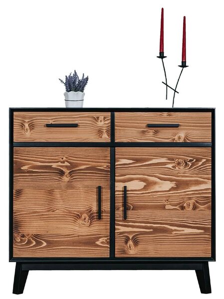 Bufet lemn masiv Timeless 2 Sertare 2 Uși Negru, 98 × 45 × 85 cm