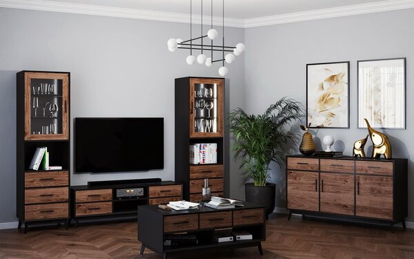Comodă lemn masiv Timeless 3 Sertare 3 Uși Negru, 146 × 45 × 85 cm