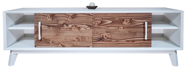 Comodă TV lemn masiv alb Timeless 2 Uși culisante 2 Nișe, 146 × 40 × 48 cm