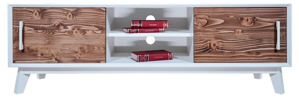Comodă TV lemn masiv alb Timeless 2 Uși culisante 2 Nișe, 146 × 40 × 48 cm