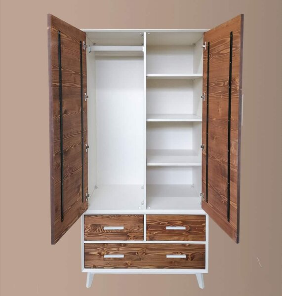 Dulap lemn masiv alb Timeless 3 Sertare 2 Uși, 100 × 55 × 200 cm