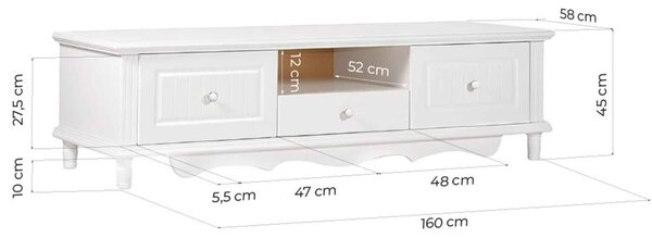 Comodă TV lemn masiv alb Elizabeth, 160 × 58 × 45 cm