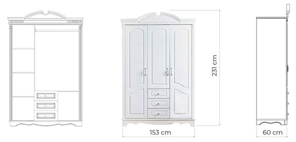 Dulap lemn masiv alb Elizabeth 3 Uși, 153 × 60 × 231 cm