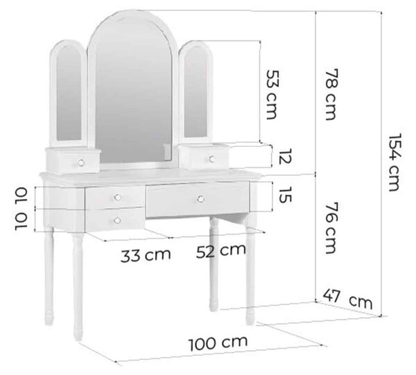 Masă lemn masiv alb de Toaleta Elizabeth Oglinda Semirotunda din 3 Piese, 100 × 47 × 154 cm