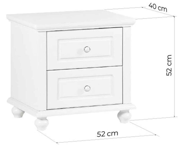 Noptieră lemn masiv alb Elizabeth 2 sertare, 52 × 40 × 52 cm