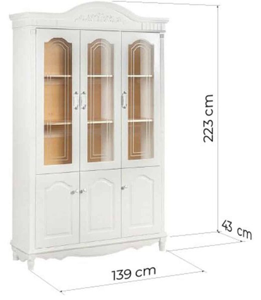 Vitrină lemn masiv alb Elizabeth 3 Uși, 139 × 43 × 223 cm