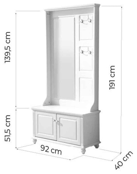 Cuier lemn masiv alb cu Oglinda Elizabeth, 92 × 40 × 191 cm