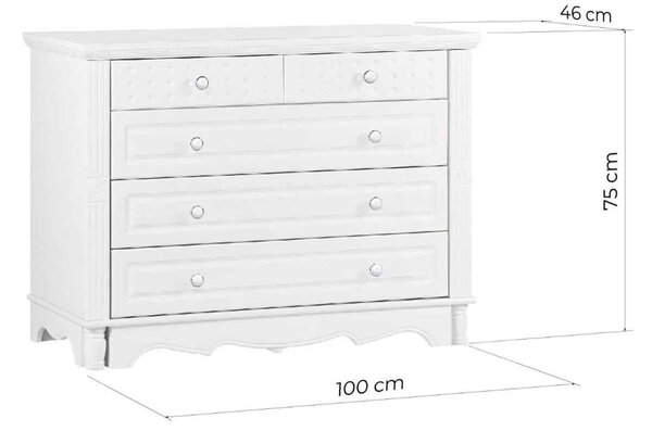 Comodă lemn masiv alb Elizabeth 5 Sertare, 100 × 46 × 75 cm