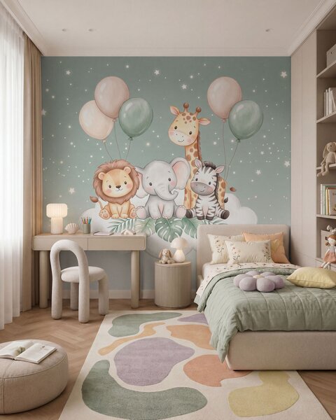 Tapet Animale de safari prietenoase pe nori pufoși, în nuanțe pastelate delicate, în stilul acuarelei, Imagini de fundal unice, w10004 : Uwalls.ro