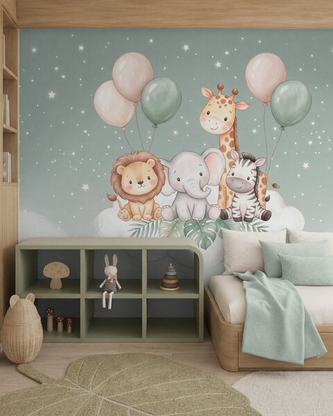 Tapet Animale de safari prietenoase pe nori pufoși, în nuanțe pastelate delicate, în stilul acuarelei, Imagini de fundal unice, w10004 : Uwalls.ro