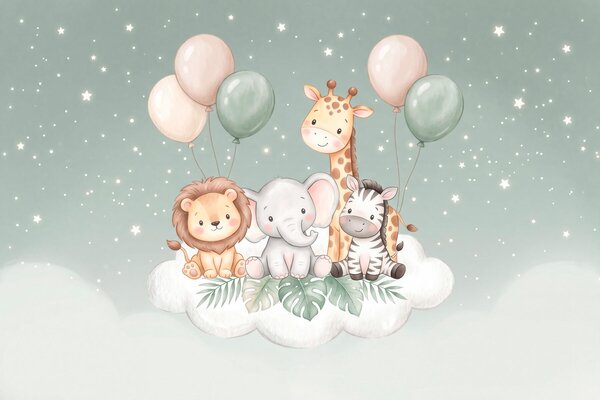 Tapet Animale de safari prietenoase pe nori pufoși, în nuanțe pastelate delicate, în stilul acuarelei, Imagini de fundal unice, w10004 : Uwalls.ro