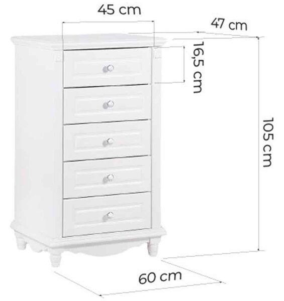 Comodă lemn masiv alb cu 5 sertare Elizabeth, 60 × 47 × 105 cm