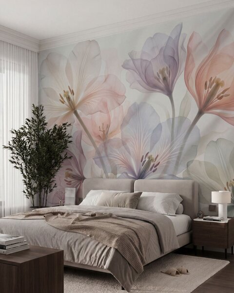 Tapet Flori delicate și transparente, în nuanțe pastelate, în stil acuarelă, Imagini de fundal unice, w09999 : Uwalls.ro