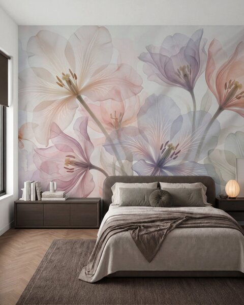 Tapet Flori delicate și transparente, în nuanțe pastelate, în stil acuarelă, Imagini de fundal unice, w09999 : Uwalls.ro