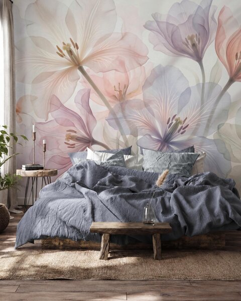 Tapet Flori delicate și transparente, în nuanțe pastelate, în stil acuarelă, Imagini de fundal unice, w09999 : Uwalls.ro